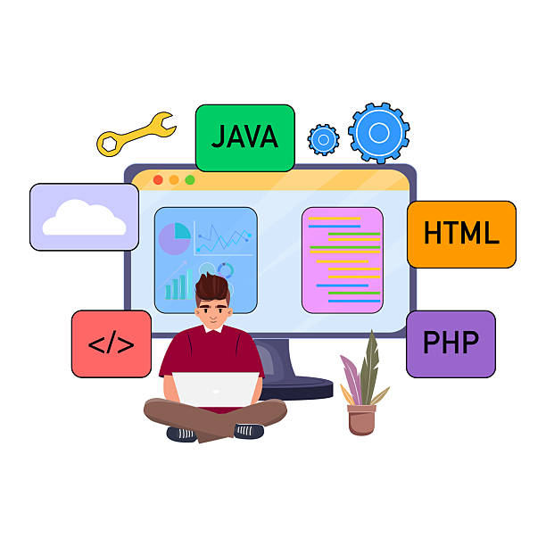 Man sitting with laptop, plant nearby, and monitor displaying charts and coding symbols