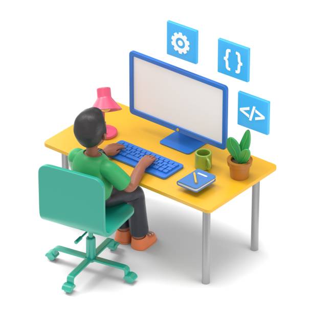 Programmer at work concept banner. Can use for web banner, infographics, hero images.3D illustration of handsome afro man David.3D rendering on white background.