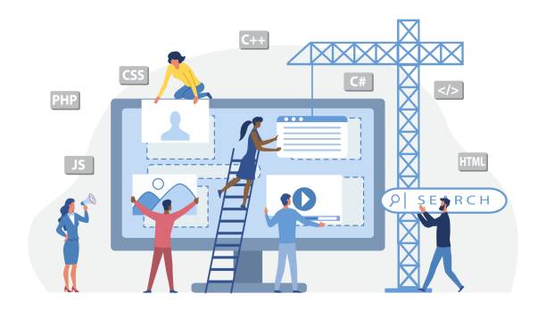 Group of male and female characters are developing a website by filling it with design information. Concept of teamwork, teambuilding, people working together. Flat cartoon vector illustration